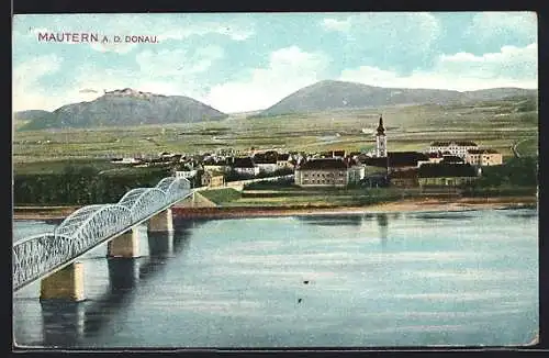 AK Mautern a.d. Donau, Blick über die Donau auf den Ort mit Brücke