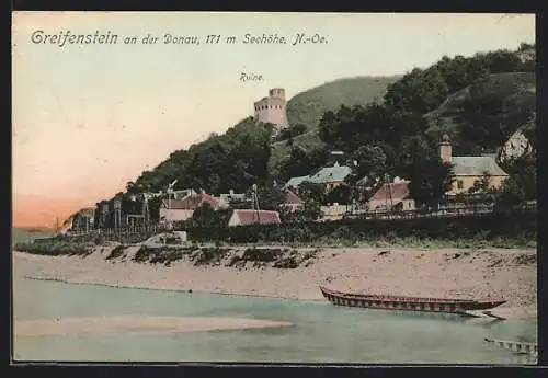 AK Greifenstein /Donau, Uferpartie mit Blick gegen Ruine