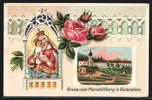 Präge-AK Gutenstein, Mariahilfberg mit Wallfahrtskirche, Gnadenbild