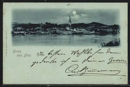 Mondschein-AK Ybbs, Ortspanorama