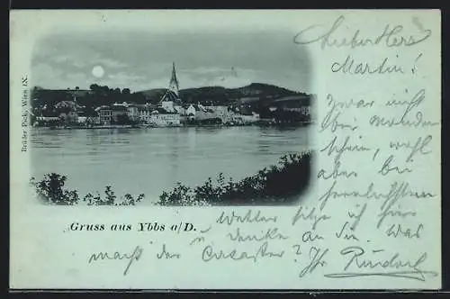 Mondschein-AK Ybbs a. D., Blick über die Donau auf den Ort