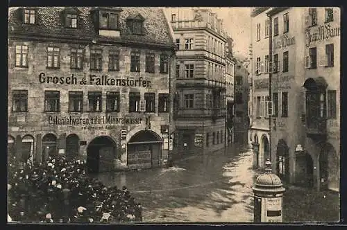 AK Nürnberg, Hochwasser, 4.-6.Februar 1909, Ostmarkt mit Tucherstrasse, Litfasssäule