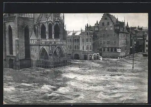 AK Nürnberg, Hauptmarkt mit Liebfrauenkirche u. Plobenhofstrasse, Hochwasser-Katastrophe 5. Feb 1909