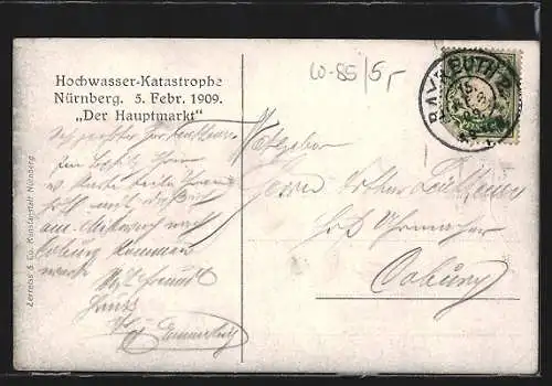 AK Nürnberg, Hochwasser-Katastrophe 1908, Hauptmarkt mit Neptunbrunnen