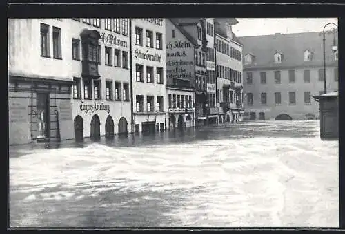 AK Nürnberg, Obstmarkt mit Geschäften bei der Hochwasser-Katastrophe 1909