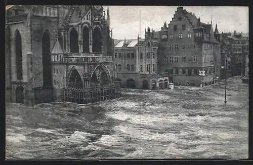 AK Nürnberg, Hochwasser-Katastrophe 1909, Hauptmarkt mit Liebfrauenkirche und Plobenhofstrasse