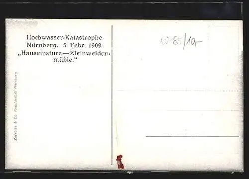 AK Hochwasser Nürnberg am 05. Februar 1909, Hauseinsturz - Kleinweidenmühle
