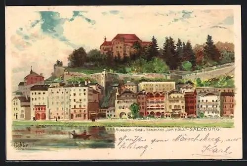 Lithographie Salzburg, Ausblick auf die Stadt v. Gast- und Brauhaus Zur Hölle