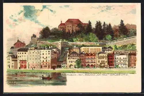 Lithographie Salzburg, Ausblick auf die Stadt v. Gast- und Brauhaus Zur Hölle