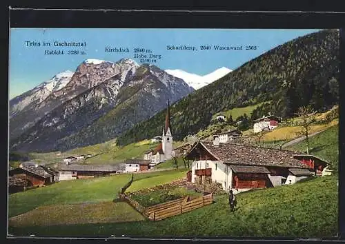 AK Trins im Gschnitztal, Ortsansicht mit Kirche, Habicht, Kirchdach und Wasenwand im Hintergrund