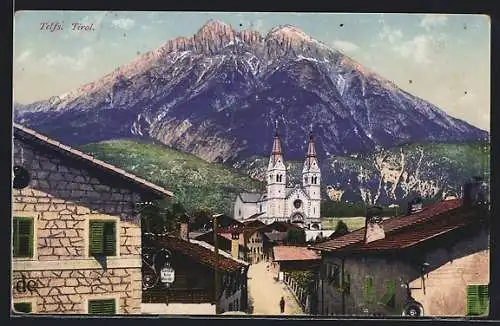 AK Telfs, Blick vom Gasthof Hohe Mulde zur Kirche und aufs Gebirge