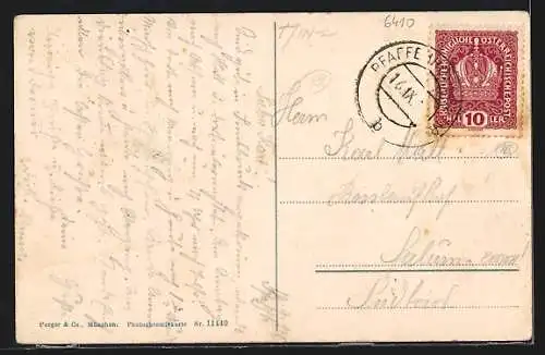 AK Telfs, Blick vom Gasthof Hohe Mulde zur Kirche und aufs Gebirge