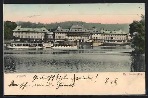 AK Dresden-Pillnitz, Kgl. Lustschloss, vom Wasser gesehen