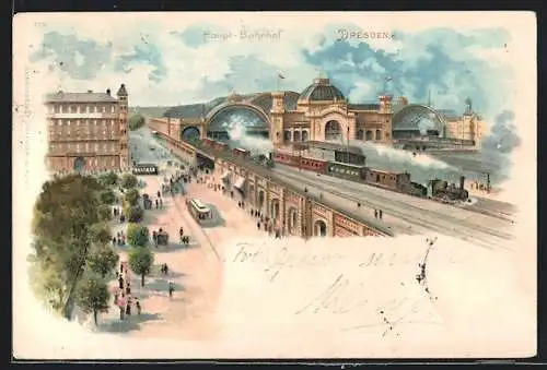 Lithographie Dresden, Hauptbahnhof, Strassenbahnen und Züge