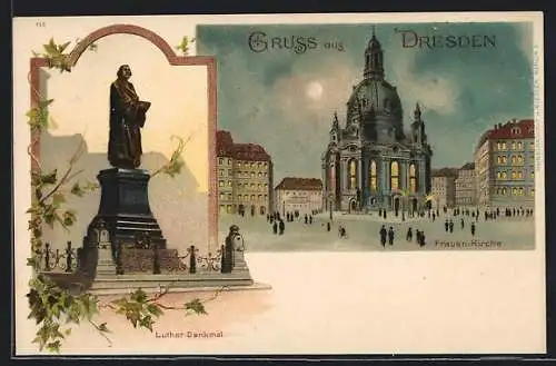 Lithographie Dresden, Frauenkirche bei Vollmond, Luther-Denkmal