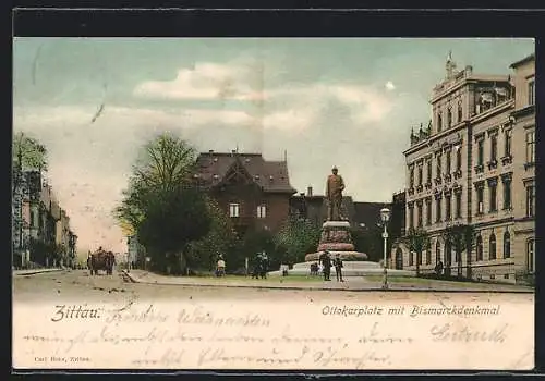 AK Zittau, Ottokarplatz mit Bismarckdenkmal in der Dornspachstrasse