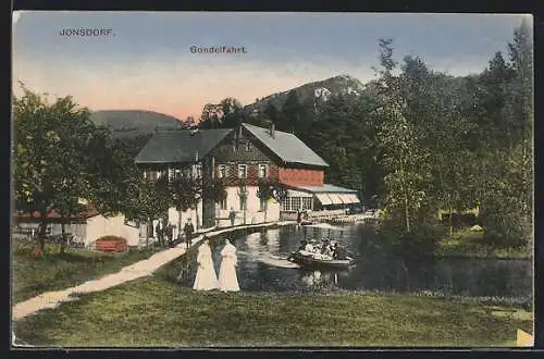 AK Jonsdorf, Hotel Gondelfahrt, Blick auf Ausflügler am Wasser