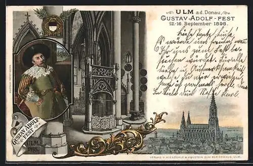 Lithographie Ulm / Donau, Festpostkarte zum Gustav Adolf-Fest 1898
