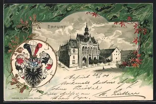 Passepartout-Lithographie Erfurt, Rathaus mit Strasse, Reichsadler-Wappen