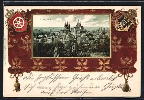 Passepartout-Lithographie Erfurt, Panorama, Wappen