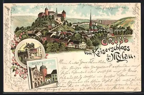 Lithographie Mylau, Ortsansicht mit Schloss, Oberer Hof mit Rathaus