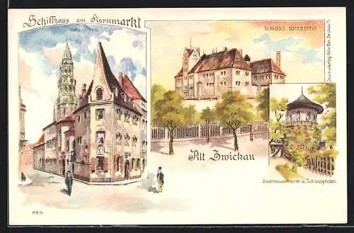 Lithographie Zwickau, Stadtmauerthurm am Schlossgraben, Schiffhaus am Kornmarkt
