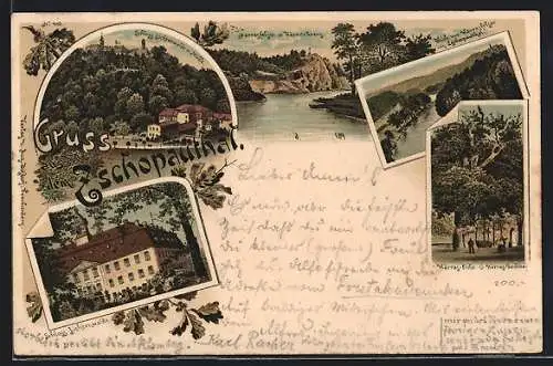 Lithographie Lichtenwalde /Zschopauthal, Schloss, Harrasfelsen mit Körnerkreuz, Harras-Eiche