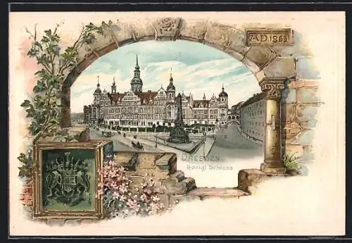 Passepartout-Lithographie Dresden, Königl. Schloss mit Umgebung, Wappen