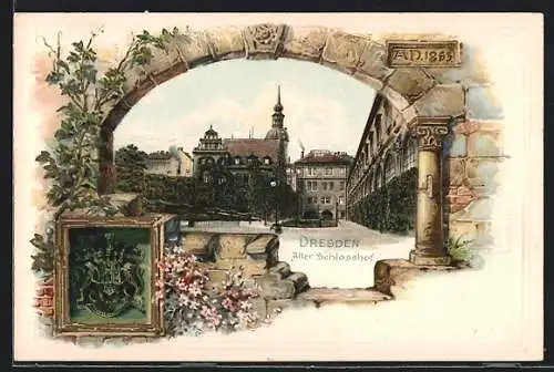 Passepartout-Lithographie Dresden, Partie im alten Schlosshof, Ortswappen