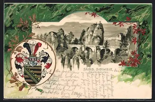Passepartout-Lithographie Bastei, Basteibrücke, Wappen