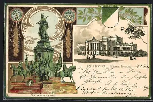 Passepartout-Lithographie Leipzig, Neues Theater und Siegesdenkmal, Golddruck