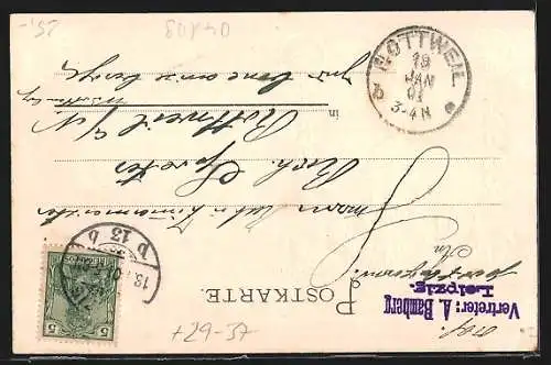 Passepartout-Lithographie Leipzig, Neues Theater und Siegesdenkmal, Golddruck