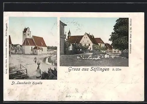Goldfenster-AK Söflingen /Ulm, St. Leonhardt-Kapelle, Strassenpartie mit leuchtenden Fenstern