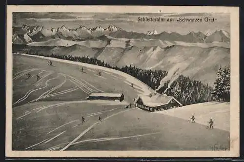 Künstler-AK Eugen Felle: Isny, Schletteralm am Gasthof Schwarzer Grat im Winter aus der Vogelschau, Skiläufer