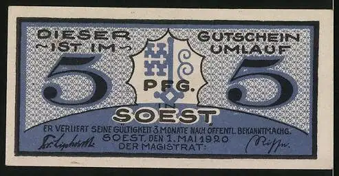 Notgeld Soest 1920, 5 Pfennig, Ortsansicht Susatum und Wappen