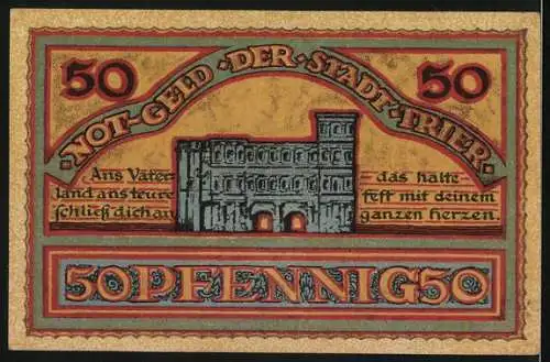 Notgeld Trier 1921, 50 Pfennig, Wappen und Porta Nigra