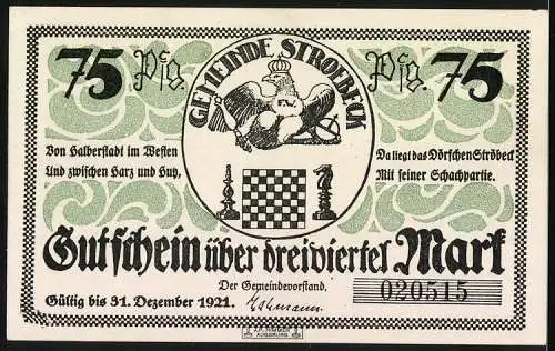 Notgeld Ströbeck 1921, 75 Pfennig, Vadder mit Rat beim Schachspiel, Wappen