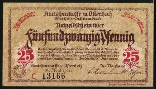 Notgeld Osterholz 1921, 25 Pfennig, Kreishaus
