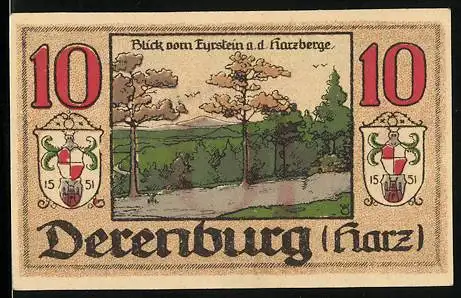 Notgeld Derenburg (Harz) 1920, 10 Pfennig, Blick vom Eyrstein a. d. Harzberge, Wappen