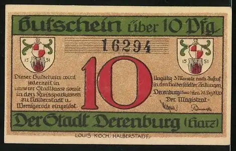 Notgeld Derenburg (Harz) 1920, 10 Pfennig, Blick vom Eyrstein a. d. Harzberge, Wappen