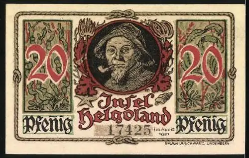 Notgeld Helgoland 1921, 20 Pfennig, Wappen, Portrait Fischer
