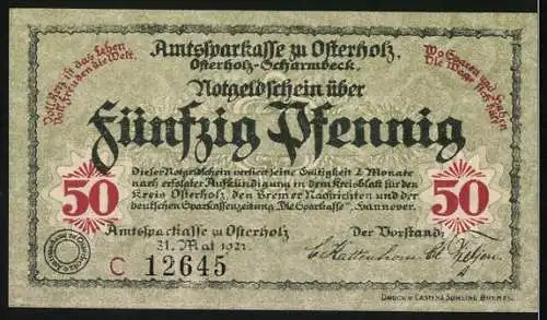 Notgeld Osterholz 1921, 50 Pfennig, Kreishaus