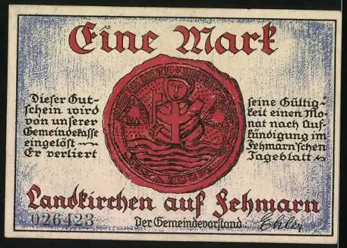 Notgeld Landkirchen auf Fehmarn, 1 Mark, Landeskrone-Der Landesblock, Siegel