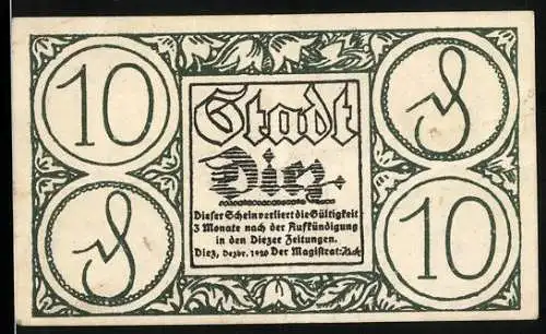Notgeld Diez 1920, 10 Pfennig, historische ortsansicht