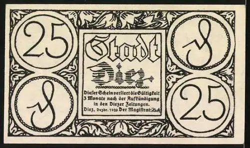 Notgeld Diez 1920, 25 Pfennig, historische Ortsansicht