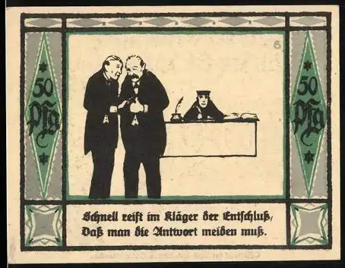 Notgeld Mülsen-St.-Jacob 1921, 50 Pfennig, Stadtwappen, Kläger berät sich