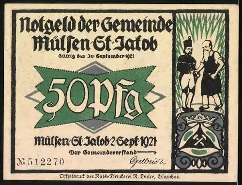 Notgeld Mülsen-St.-Jacob 1921, 50 Pfennig, Stadtwappen, Kläger berät sich