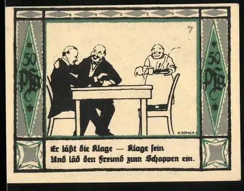 Notgeld Mülsen-St.-Jacob 1921, 50 Pfennig, Stadtwappen, Kläger lässt die Klage fallen