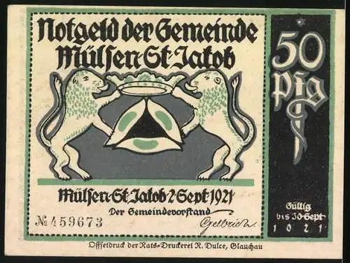 Notgeld Mülsen-St.-Jacob 1921, 50 Pfennig, Stadtwappen, Kläger lässt die Klage fallen
