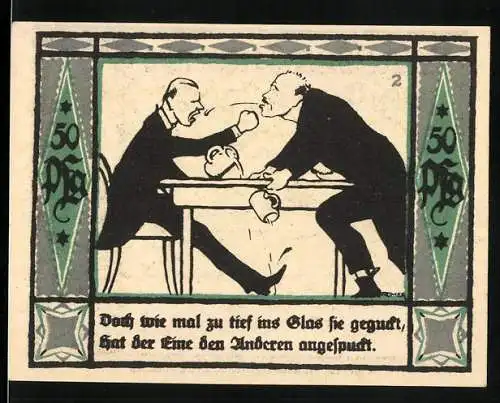 Notgeld Mülsen-St-Jakob 1921, 50 Pfennig, Zwei Männer zu tief ins Glas geguckt, hat der Eine den Anderen angespuckt